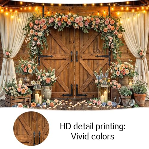 5x3ft Western Wedding Backdrop Rustic Barn Door Photography Backdrop Farmhouse Pink Flower Cabin Wooden Birthday Baby Shower Country Anniversary Bridal Party Banner Photo Booth Props Background - color: Multi90, size: 5X3FT
