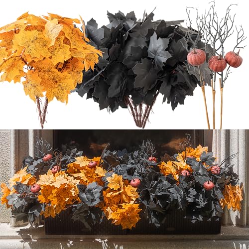 10pcs Fake Plants Outdoor, Halloween Maple Pumpkin Branch, Autumn Artificial Pumpkins Stem with Black & Orange Maple Leaves, Faux Maple Leaves Spray for Halloween Thanksgiving Home Deocr - color: Black&orange