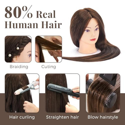 28" Mannequin Head with 80% Real Hair,Cosmetology Manikin Practice Doll Head,Braiding Head with Tripod Stand with Table Clamp + DIY Hair Styling Set #4 - color: Drak Brown#4