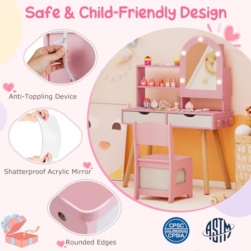 Costzon Kids Vanity with Lights, Girls Vanity Set with Mirror Cabinet, Storage Drawers, Hooks & Shelves, Toddler Makeup Vanity Desk Dressing Table, Wooden Kids Vanity Table and Chair Set (Pink) - style: Pink with Mirror Cabinet