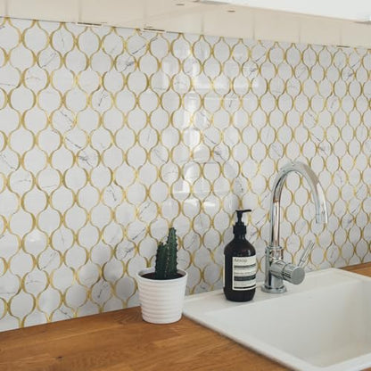 10 Sheet Glossy Arabesque Peel and Stick Backsplash Tile, Stick on Backsplash for Kitchen and Bathroom Wall, Calacatta Gold Marble PVC Mixed Metal Aluminum - color: Calacatta Gold Marble Mixed Metal Gold