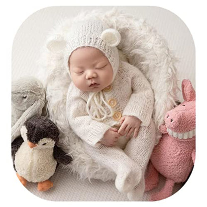 Newborn Photography Props Boys Girls Outfits Mohair Bear Hat Bonnet & Footed Romper Bodysuit Photoshoot Costume Set - color: White
