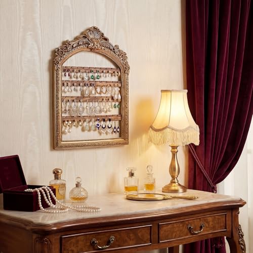 1 Pcs 10 x 6.9'' Wall Hanging Earring Holder Organizers Vintage Arched Frame 4 Layer Wall Mounted Jewelry Holder Decorative Retro Baroque Stud Earring Display (Gold) - color: Gold, size: 10 x 6.9''