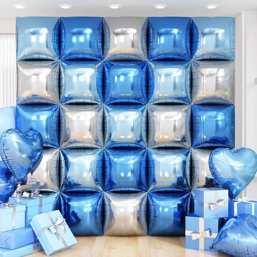 Blue Silver Square Foil Balloon Wall,25Pcs Double Sided Balloons Backdrop Helium Polyester Film Balloon Tunnel Arch Garland Kit for Birthday Bridal Anniversary Baby Shower Party Decorations - style: Blue Silver