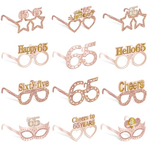 Guiruiy 24PCS 65th Birthday Eyeglasses Decorations for Women, Pink Rose Gold Happy 65th Birthday Paper Eyeglasses Party Supplies, Sixty-Five Year Old Bday Glasses Decor - style: Rose Gold 65th