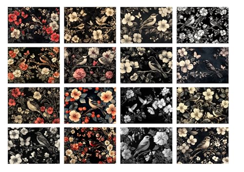 Decoupage Paper Pack (35 Sheets 6"x8") Nocturne Birds: Elegant Birds Perched on Delicate Branches with Dark Floral Patterns, Subtle Vintage Tones and Intricate Golden and White Blossom Details FLONZ - color: Fifteen