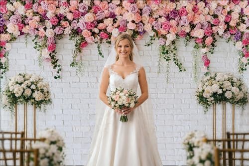 7x5ft White Brick Wall Floral Backdrop with Hanging Flowers – Spring Garden Photo Backdrop for Bridal Shower, Baby Shower, Birthday Party, Wedding Photography Decoration - size: 7x5ft