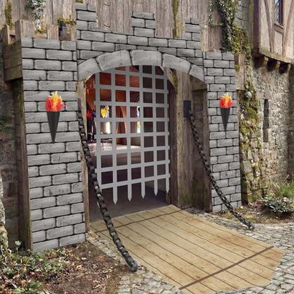 Frienda 105 Pcs Medieval Party Decorations Kit 5.9x6.6 ft Medieval Castle Backdrop Prison Fence Door Cover Fence Rug with 2 Torch Props 100 Paper Chain Brick Stone Fort for Knight Castle Photo Props - style: Medieval