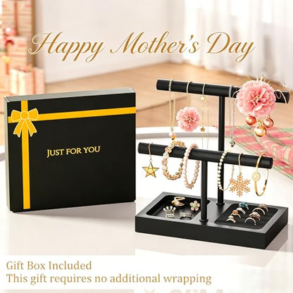 SZQINJI Jewelry Holder Organizers Bracelet Holder Display Stand, Solid Wood Base with 2 Tier Metal T-bar for Bracelet Wristband Bangle Watch Necklace Hanging, Black, Christmas Gift - size: 2 Tier