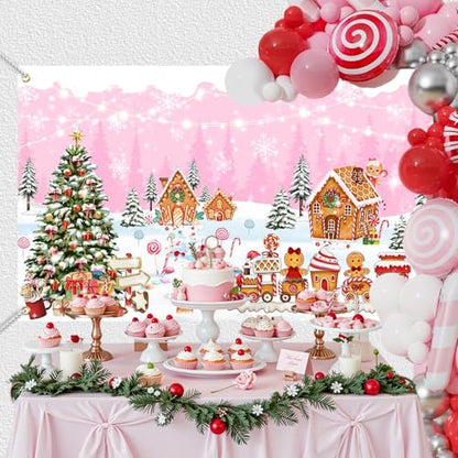 Mocsicka Christmas Gingerbread House Backdrop Banner Pink Merry Christmas Candyland Backdrop Winter Xmas Baby Shower Birthday Family Holiday Party Decortaions Photo Booth Props - color: Pink