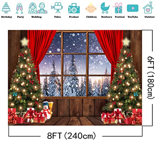 8X6FT Christmas Backdrop - Wood Floor Snow Forest Window View Photography Background for Studio Props DH-219