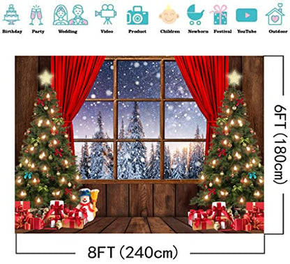 8X6FT Christmas Backdrop - Wood Floor Snow Forest Window View Photography Background for Studio Props DH-219