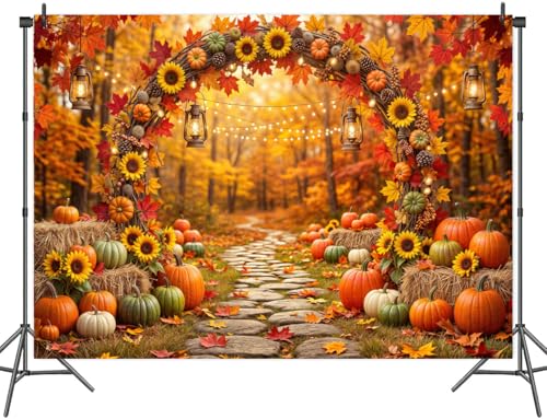 5 x 3 ft Fall Backdrop Autumn Scenery Sunflower Arch Maple Leaves Forest Leaves Pumpkins Background Fall Farm Rustic Trail Thanksgiving Harvest Party Supplies Banner Picture Photo Booth - color: Multi9, size: 5x3ft