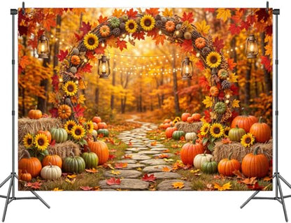 5 x 3 ft Fall Backdrop Autumn Scenery Sunflower Arch Maple Leaves Forest Leaves Pumpkins Background Fall Farm Rustic Trail Thanksgiving Harvest Party Supplies Banner Picture Photo Booth - color: Multi9, size: 5x3ft