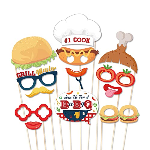 25 Pcs BBQ Photo Booth Props with Stick,Burger BBQ Party Decorations Cookout Themed Picnic Decorations Reunions Fun Selfie Props