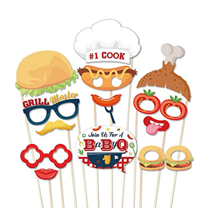 25 Pcs BBQ Photo Booth Props with Stick,Burger BBQ Party Decorations Cookout Themed Picnic Decorations Reunions Fun Selfie Props
