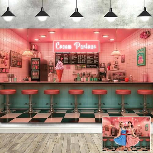 5X3ft Vintage 1950s Diner Backdrop Retro 50s American Soda Shop Ice Cream Bar Diner Photography Background 50s Party Decor Photo Booth Studio Props - color: Multi6, size: 5x3ft