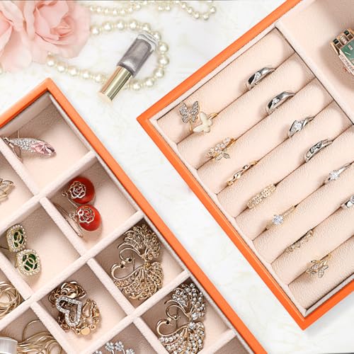 LANDICI Stackable Jewelry Organizer Trays 4 Set,PU Leather Jewelry Organizer Drawer,Jewelry Storage Display Tray for Earring Necklace Rings Bracelet with Removable Dividers,Orange - color: Orange