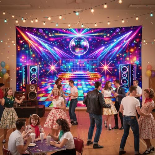 5X3ft Disco Party Backdrop Retro Neon Glitter Mirror Ball Dance Floor Photography Background for 70s 80s 90s Theme Birthday Party Dance Event Photo Booth Props - color: Multi7, size: 5x3ft