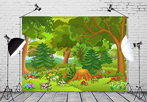 BELECO 12x8ft Fabric Cartoon Forest Backdrop Fairytale Forest with Flowers Mushroom Phtography Backdrop for Birthday Party Decoration Baby Shower Kids Game Photoshoot Photo Background Props - size: 12x8FT