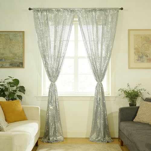 JYFLZQ Silver Sequin Backdrop Curtain for Parties 4.5 x 8 ft 2 Panels 70s 80s Mirror Foil Sequin Background Glitter Sparkly Photography Photo Booth Backdrop for Birthdy, Disco Party Decorations - color: Silver, size: 4.5FT x 8FT (Pack of 2)