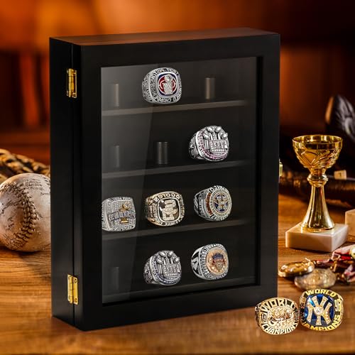 TJ.MOREE Championship Ring Display Case, 12 Ring Posts Baseball Ring Display Case, 8 x 10 Wall Mount Wooden Glass Shadow Box - Black - color: 12 Posts-black-rectangle