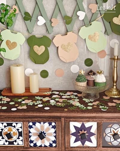 Green Brown Baby Shower Paper Garland Short-Sleeve Bodysuits Clothesline Garland Gender Reveal Birthday Banner Baby Outfit Pre - Strung Paper Decorations 9 pcs - color: Green-kraft