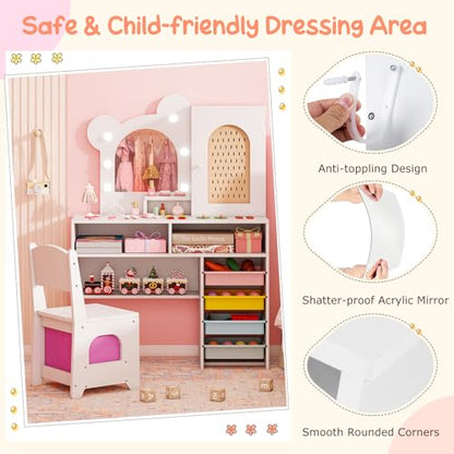 Costzon Kids Vanity with Lights, Girls Vanity Set with Mirror, Storage Drawers, Cabinet & Shelves, Toddler Makeup Vanity Desk Dressing Table, Wooden Kids Vanity Table and Chair Set (White) - style: White with Storage Bins