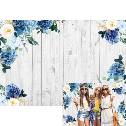 YongFoto Boho Rustic Wood Plank Wall Backdrop 10x7ft Blue Floral Hydrangeas Camellia Flowers Green Leaves Plants Spring Photography Background Birthday Wedding Bridal Baby Shower Party Banner - size: 10x7ft