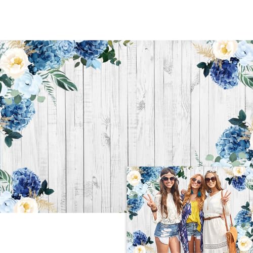 YongFoto Boho Rustic Wood Plank Wall Backdrop 8x6ft Blue Floral Hydrangeas Camellia Flowers Green Leaves Plants Spring Photography Background Birthday Wedding Bridal Baby Shower Party Banner - size: 8x6ft