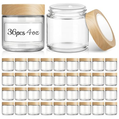 36Pcs 4 oz Small Glass Jars with Lids, Bumobum Clear Cosmetic Jars with Plastic Woodgrain Lids, 120ml Refillable Empty Containers for Cream, Salve, Powders and Lotion Storage - color: 4oz-36pack