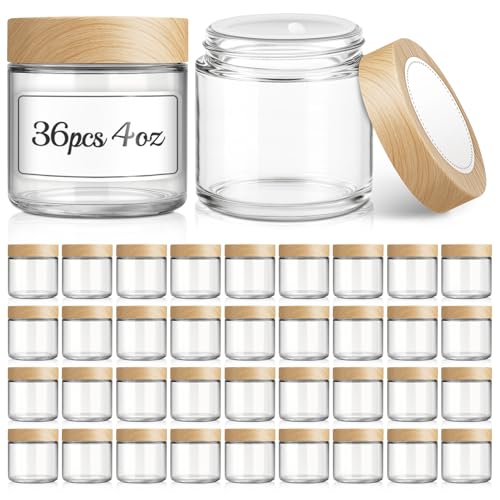 36Pcs 4 oz Small Glass Jars with Lids, Bumobum Clear Cosmetic Jars with Plastic Woodgrain Lids, 120ml Refillable Empty Containers for Cream, Salve, Powders and Lotion Storage - color: 4oz-36pack