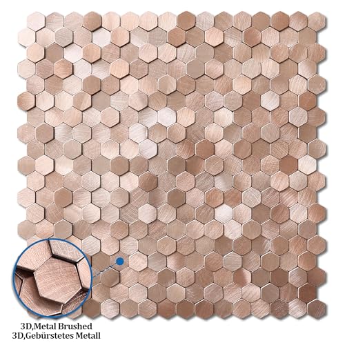 3D Metal Peel and Stick Backsplash for Kitchen,Mini Hexagon Tile Stickers Self Adhesive Wall Tiles Heat Resistant(8 Sheets,Rose Gold) - color: Rose Gold