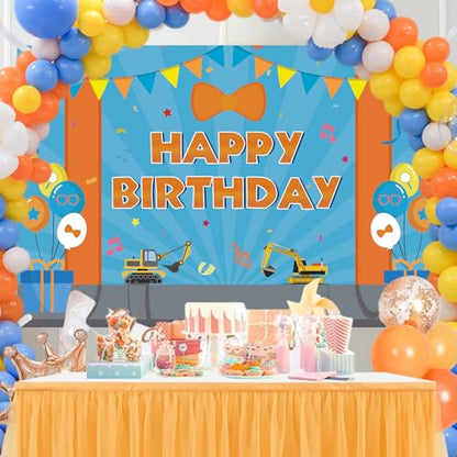 Cartoon Orange Blue Theme Happy Birthday Photography Backdrop, 5x3ft Background Photo Booth Banner Props for Kids Girls Boys Birthday Baby Shower Holiday Party Decorations Supplies - size: 5x3ft / 60" Lx40" W