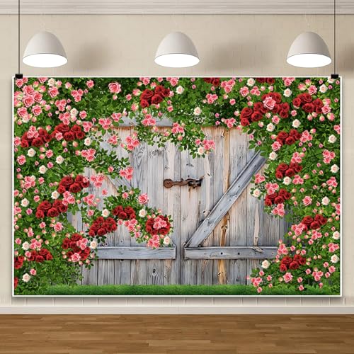 AOFOTO Barn Door Rose Backdrop Rustic Red Pink Beige Flowers Background Romantic Phtography Banner for Anniversary Wedding Decor Photo Studio Photobooth Props 10x7ft - color: brown, size: 10x7ft