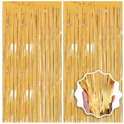 2 Pack 3.3x8.2 FT Gold Backdrop Birthday Decorations Foil Tinsel Curtain Gold Dooor Streamers Party Hanging Decorations Photo Booth Props for Birthday Graduation Bachelorette Christmas New Years Eve - color: Gold