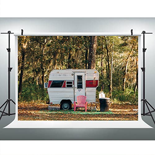 Camp Party Camping Backdrop 9x6ft Sunny Forest Camper Trailer Nature Scenery Photography Background Studio Photo Prop BJYYLU548 - size: vinyl-9x6ft