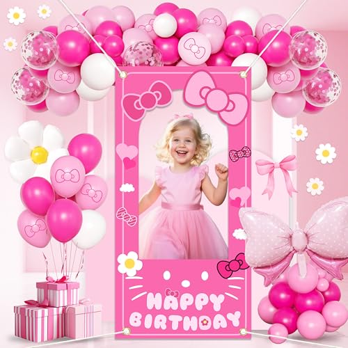 Birthday decorations for girls,Happy Birthday Banner, 35 Balloons,Pink bow Foil Balloon,Photo Booth Props for women (Pink Cat) - color: Pink Cat