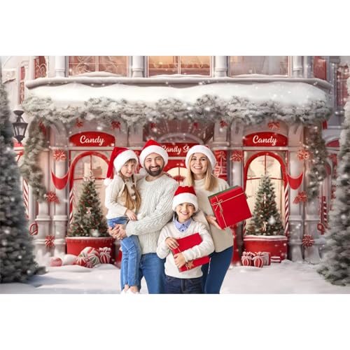 5x3ft Red Christmas Shop Photo Backdrop - Xmas Gingerbread House Banner Santa Background - Baby Shower Candy Themed Birthday Decor House Party Photo Booth Props - size: 5x3ft