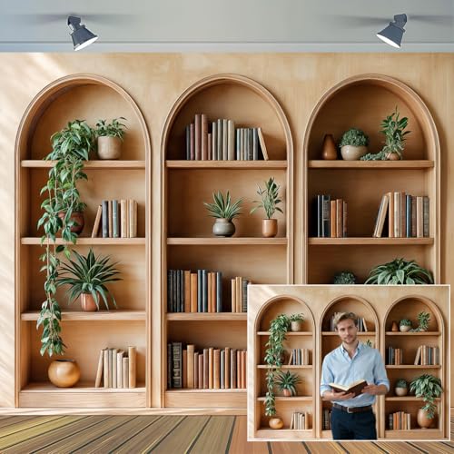 15 x 10 ft Arched Bookshelf Backdrop Modern Library Books Office Plants Video Conference Photography Home Office Meetings Indoor Decorations Photo Banner Props - color: Brown2, size: 15X10FT