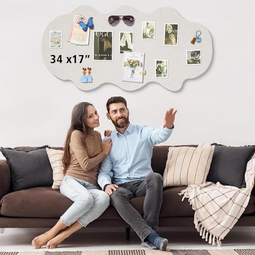 Cute Bulletin Board for Walls 34'' x 17'' Push Pin Board,Cloud Vision Boards Picture Board for Photos Decorative Cork Board for Office Felt Bulletin Board with 15 Push Pins (Cloud - Light Gray) - color: Cloud - Light Gray