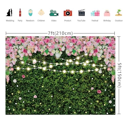 7x5FT Flower Wall Backdrop Pink Rose Green Leaves Glitter Background Girls Women Birthday Party Wedding Bridal Shower Parties Portraits Photo Studio Shoot