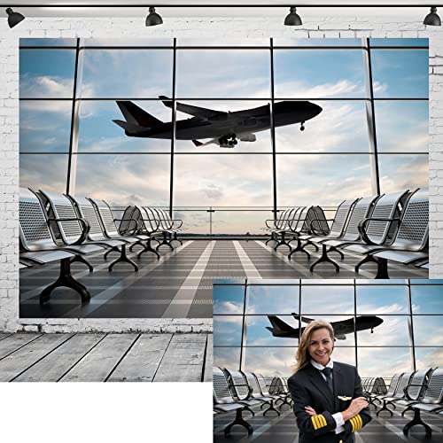 5x3ft Fabric Airport Backdrop Lounge with Plane Pilot Jet Birthday Party Video Recording Zoom Meeting Conference Baby Shower Photoshoot Business Studio Decoration Photography Props - size: 5x3FT