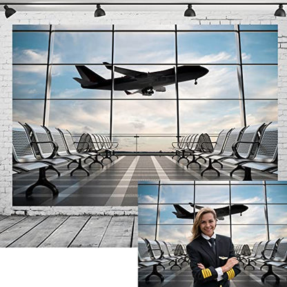 5x3ft Fabric Airport Backdrop Lounge with Plane Pilot Jet Birthday Party Video Recording Zoom Meeting Conference Baby Shower Photoshoot Business Studio Decoration Photography Props - size: 5x3FT