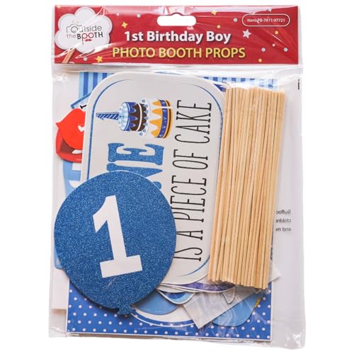1st Birthday Boy Photo Booth Props - 41-pc Photobooth Kit with 8 x 10-Inch Sign, 60 Adhesive Pads, 45 Sticks - First Birthday Photo Kit