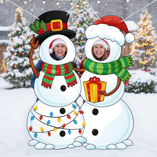WovWeave Snowman Christmas Photo Booth Fabric Banner with Two Face Cutouts, 55" x 44" Holiday Party Decorations, Winter Backdrop, Festive Snowman Props for Christmas Party Supplies - style: Snowman