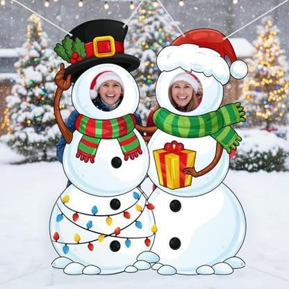 WovWeave Snowman Christmas Photo Booth Fabric Banner with Two Face Cutouts, 55" x 44" Holiday Party Decorations, Winter Backdrop, Festive Snowman Props for Christmas Party Supplies - style: Snowman