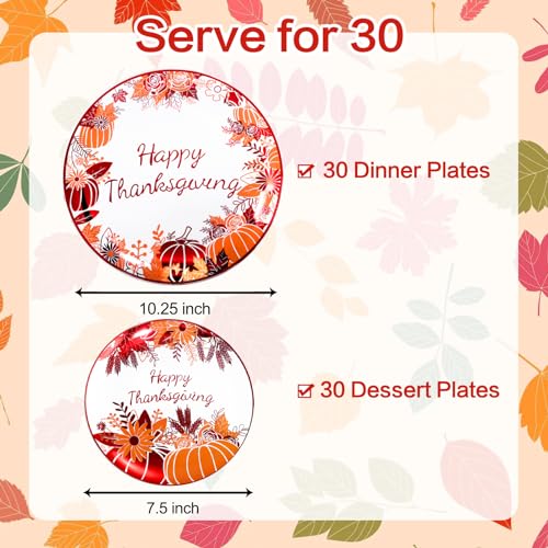 Rubtlamp 60PCS Thanksgiving Plastic Plates, White Orange Pumpkin Plates, Red Disposable Plates with Maple Leaves, Fall Disposable Plates Include 30 Dinner Plates, 30 Salad Plates For Thanksgiving - color: White Orange