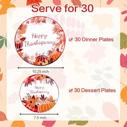 Rubtlamp 60PCS Thanksgiving Plastic Plates, White Orange Pumpkin Plates, Red Disposable Plates with Maple Leaves, Fall Disposable Plates Include 30 Dinner Plates, 30 Salad Plates For Thanksgiving - color: White Orange