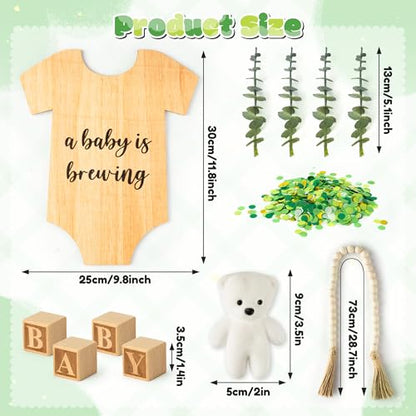 12Pcs Pregnancy Announcement Set Pregnancy Reveal Ideas Include Wooden Sign Beads Garland Wood Blocks Eucalyptus Leaves and Bear Coming Soon Baby Announcement Props for Grandparents Dad Husband Family - color: Green